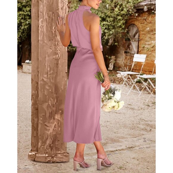 Women's Dusty Pink Cocktail Dress for Satin Silk Sleeveless High Waist Maxi - Picture 4 of 8
